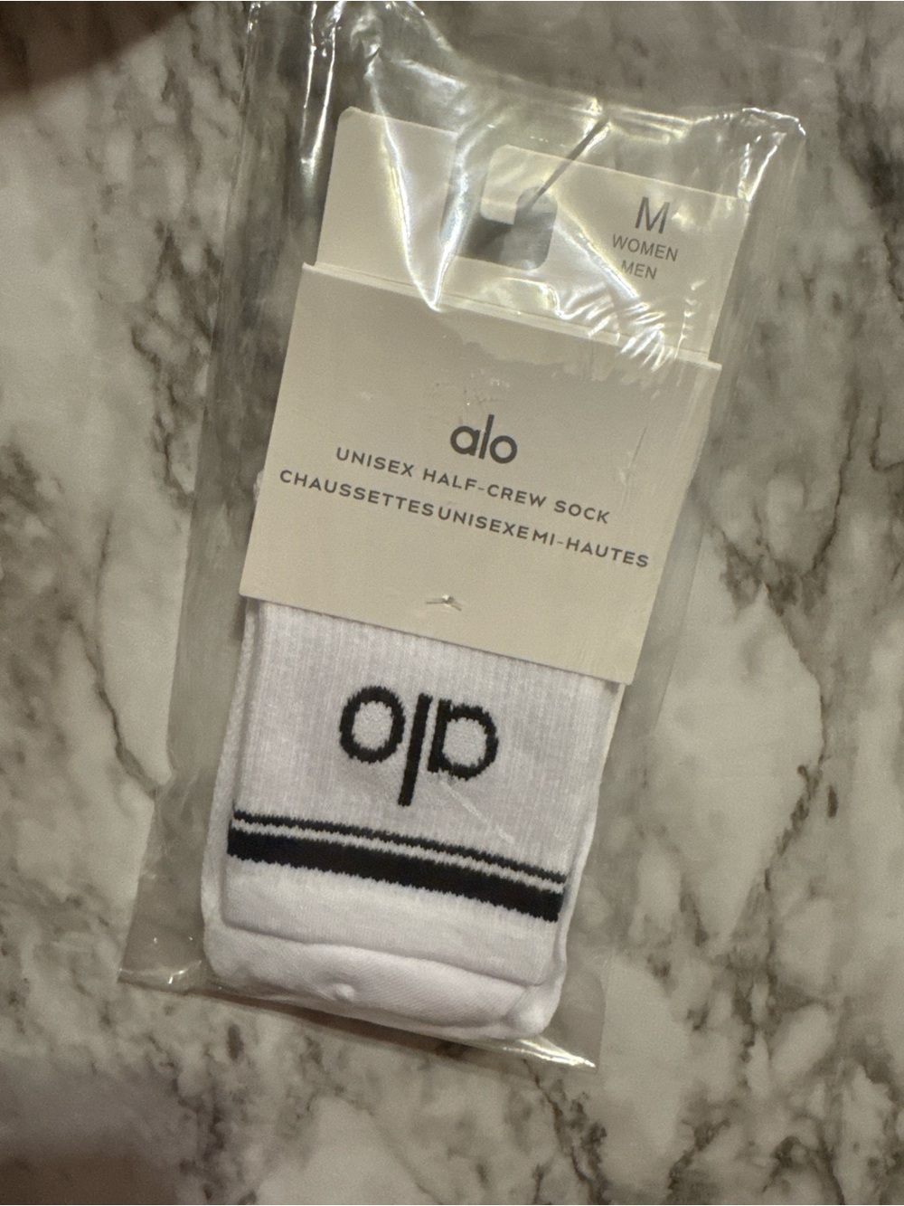 ALO Yoga White Half-Crew Athletic Socks with Black Logo & Stripes